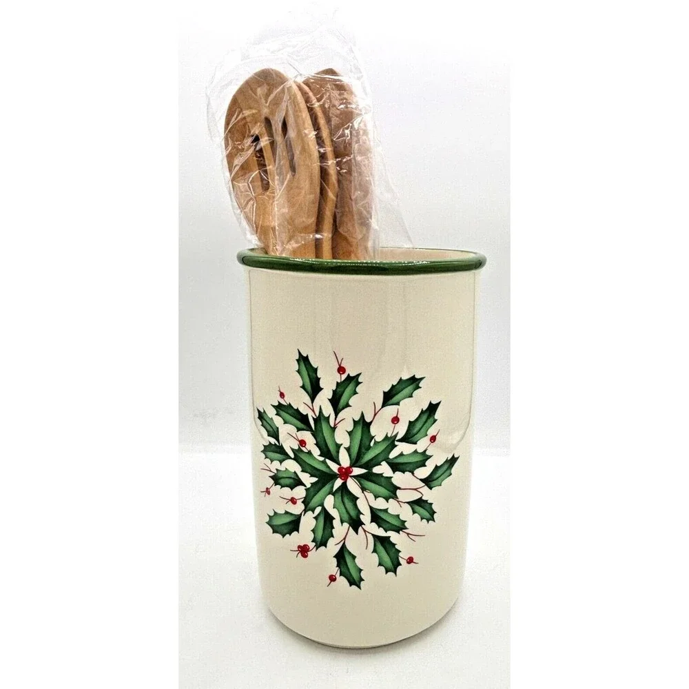 Lenox XMAS Holiday Utensil Crock w/3 Wooden Server Spoons Made for Macys NOS NIB